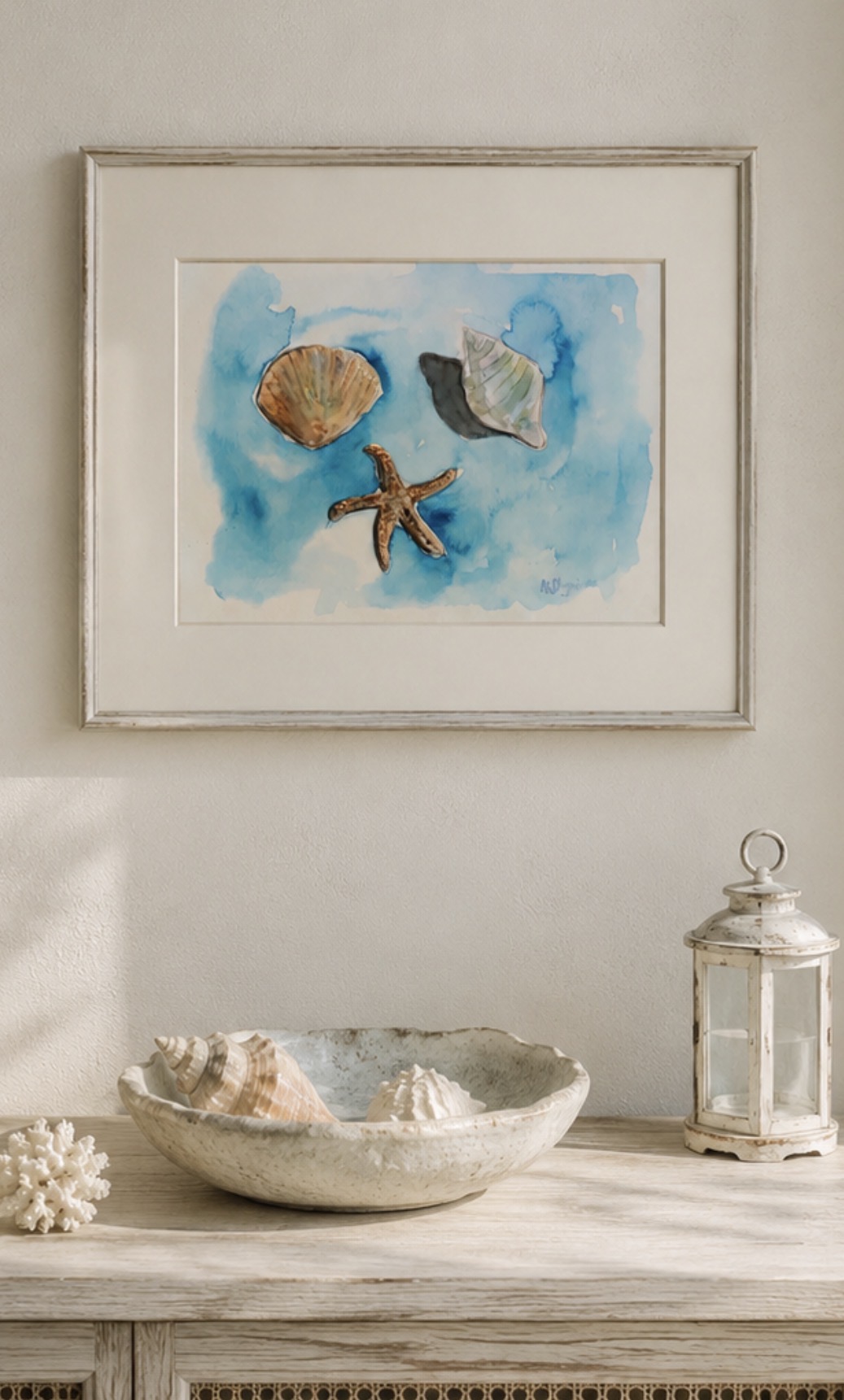 Seashells watercolor painting in interior